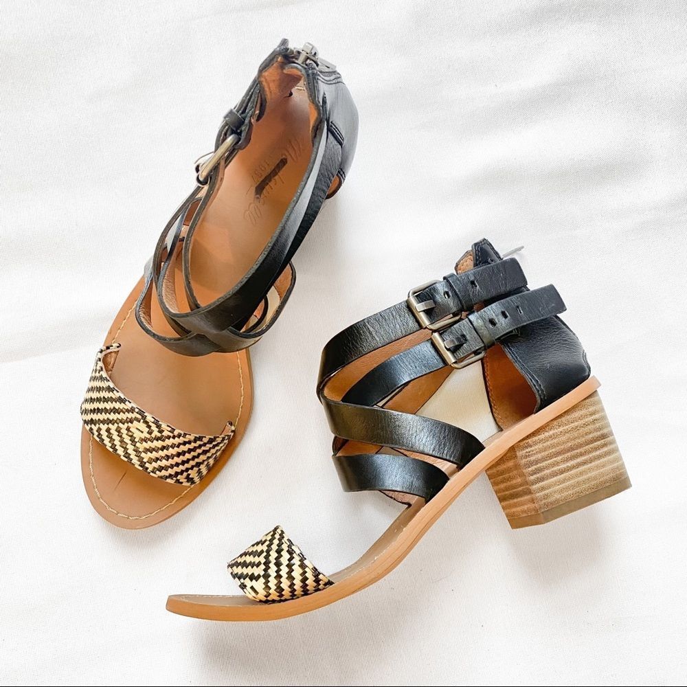 Madewell Lora Chunky Block Stacked Heel Sandasl Leather Tribal Raffia Strappy
